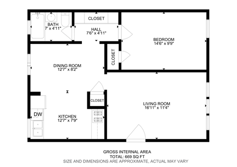 Floor plan for 1 bed, 1 bath, 688 sqft